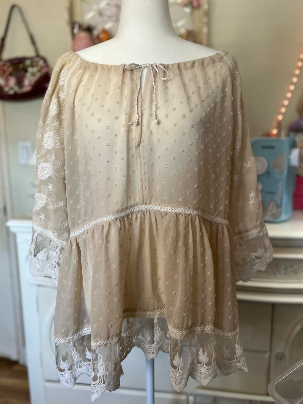 POL Cream Embroidered Tie-Front Peasant Blouse